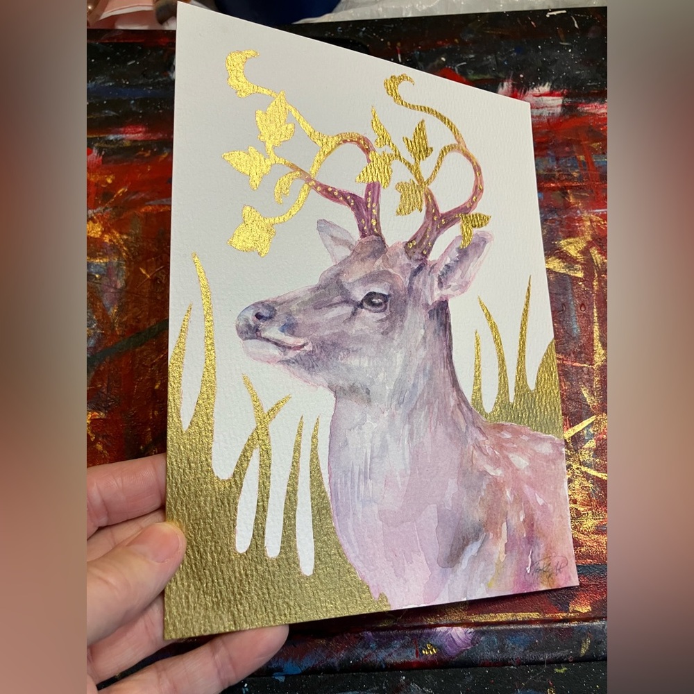 ORIGINAL Deer painting Gold art accents Antlers Woodland Creature surrealism USA